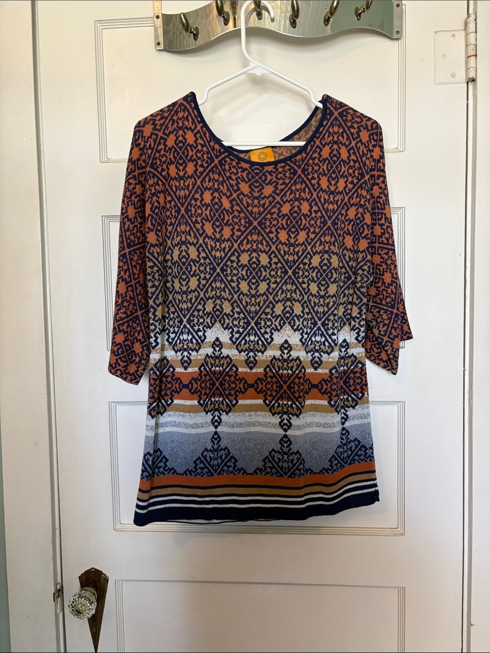 Ruby Rd. Women's Patterned Scoop Neck Sweater in Rust, Navy & Cream Size M